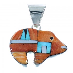 Multicolor Inlay Sterling Silver Bear Pendant AX102143