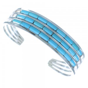 Turquoise Inlay Authentic Sterling Silver Zuni Cuff Bracelet RX102769