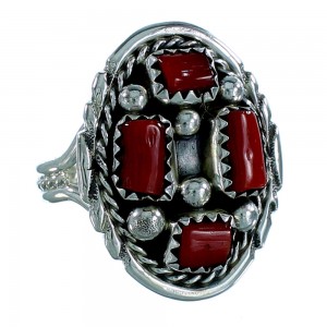 Navajo Authentic Sterling Silver And Coral Ring Size 7-3/4 SX106569