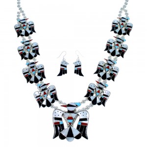 Zuni Thunderbird Multicolor Sterling Silver Squash Blossom Necklace Set SX107177