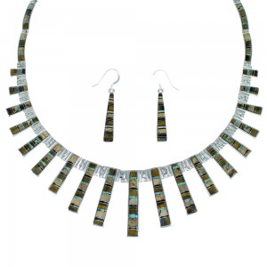Silver Multicolor Inlay Southwest Link Necklace And Earrings PX37192