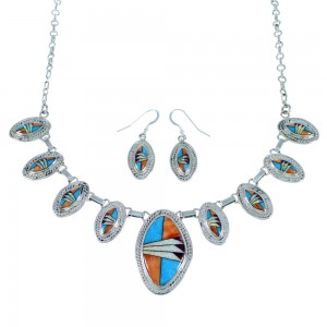 Genuine Sterling Silver Multicolor Inlay Link Necklace Set PX37209
