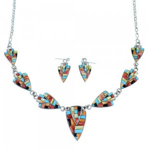 Sterling Silver Multicolor Link Necklace Earrings Jewelry Set RS34221