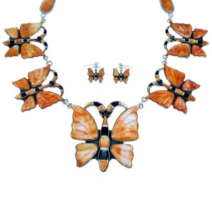 Multicolor Inlay Sterling Silver Butterfly Link Necklace Set PX37370