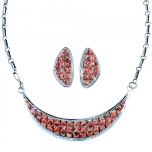 Red Oyster Shell And Opal Inlay Necklace Earring Jewelry Set RS53657