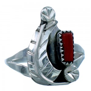 Zuni Coral Genuine Sterling Silver Leaf Ring Size 6-1/4 JX122065