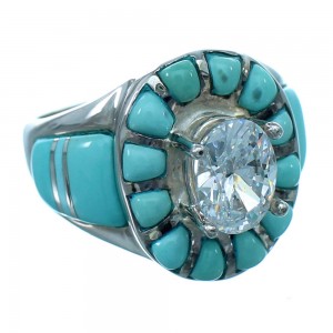 Cubic Zirconia Turquoise Inlay Genuine Sterling Silver Ring Size 6-3/4 LX113077