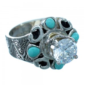 Turquoise Inlay Flower Cubic Zirconia Genuine Sterling Silver Ring Size 6-3/4 LX113105