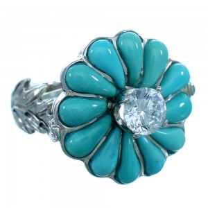 Flower Leaf Sterling Silver Turquoise Inlay Cubic Zirconia Ring Size 5-1/2 LX113179