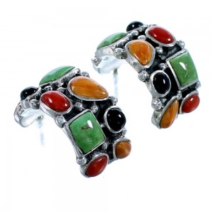 Southwestern Multicolor Inlay Sterling Silver Post Hoop Earrings LX112999