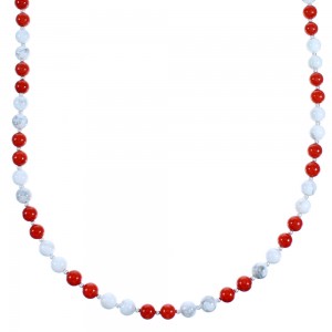 Howlite And Coral Sterling Silver Southwestern Bead Necklace RX114270