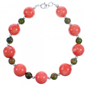 Pink Coral And Unakite Sterling Silver Bead Bracelet SX114340