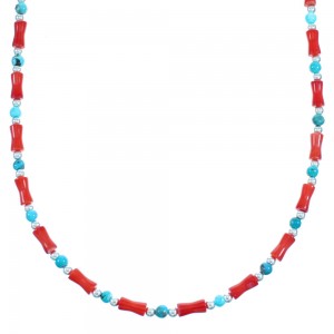Turquoise And Coral Authentic Sterling Silver Bead Necklace LX114587