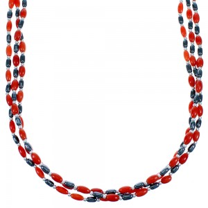 Coral And Hematite Sterling Silver 3-Strand Bead Necklace SX114678