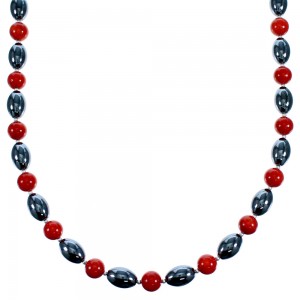 Southwest Hematite And Coral Sterling Silver Bead Necklace RX114734