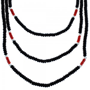 Onyx And Coral Sterling Silver 3-Strand Bead Necklace RX114762