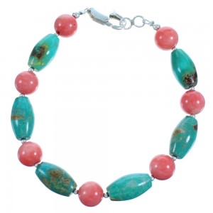 Turquoise Pink Coral Genuine Sterling Silver Bead Bracelet RX114790