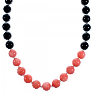 Sterling Silver Pink Coral And Onyx Southwest Bead Necklace SX114868