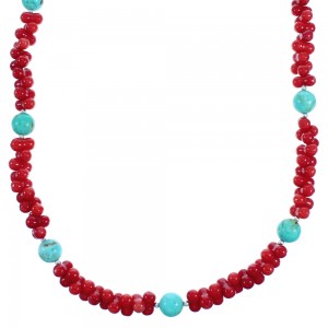 Turquoise And Coral Sterling Silver Southwest Bead Necklace SX114943