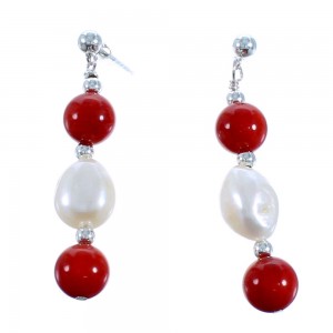 Sterling Silver Coral And Fresh Water Pearl Bead Post Dangle Earrings SX114955