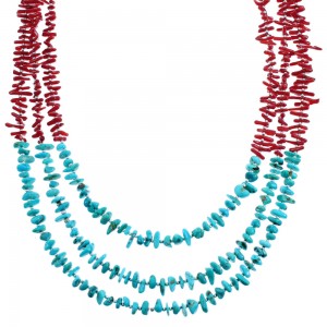 Turquoise And Coral Sterling Silver 3-Strand Bead Necklace SX115150