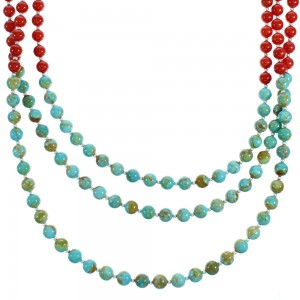 Turquoise Coral 3-Strand Sterling Silver Bead Necklace RX115206