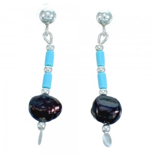 Black Mother Of Pearl Turquoise Sterling Silver Bead Post Dangle Earrings RX115188