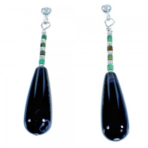 Southwestern Sterling Silver Santo Domingo Turquoise Snowflake Obsidian Post Dangle Bead Earrings DX115636