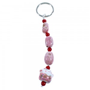 Genuine Coral Rhodochrosite Cat Sterling Silver Key Chain DX115757