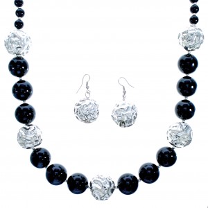 Onyx Genuine Sterling Silver Bead Necklace And Earrings Set DX116796