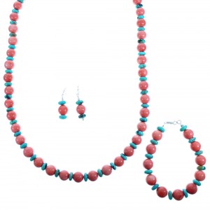 Pink Coral And Turquoise Sterling Silver Bead Necklace Set DX116942