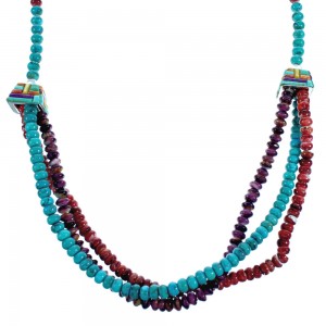 3-Strand Oyster Shell and Turquoise Genuine Sterling Silver Inlay Bead Necklace DX115903