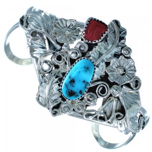 Sterling Silver Turquoise And Coral Navajo Cuff Bracelet ZX117021