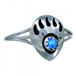 Blue Opal Authentic Sterling Silver Bear Paw Navajo Ring Size 5-3/4 RX117453
