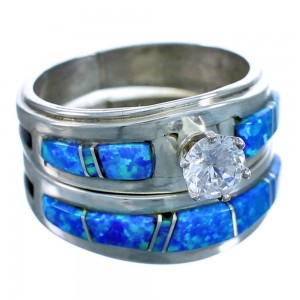 Cubic Ziconia Blue Opal Sterling Silver Zuni Wedding Ring Size 9 JX127068