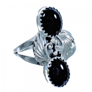 Onyx Sterling Silver Navajo Indian Scalloped Leaf Ring Size 8 RX117544