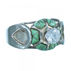 Authentic Sterling Silver Cubic Zirconia Turquoise Inlay Wedding Ring Size 6-1/2 RX118028