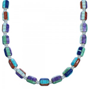 Southwest Multicolor Sterling Silver Inlay Bead Necklace DX117803