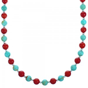Southwest Turquoise and Coral Sterling Silver Bead Necklace DX117797
