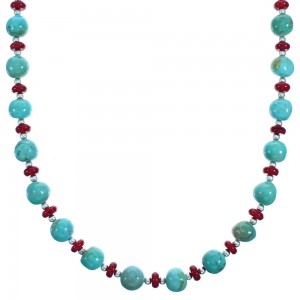 Turquoise and Coral Sterling Silver Southwest Bead Necklace DX117801