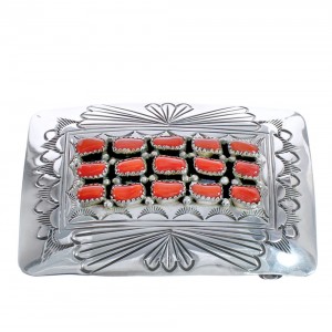 Navajo Patterned Coral Genuine Sterling Silver Belt Buckle CB118336