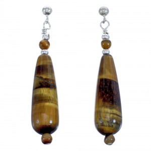 Tiger Eye And Sterling Silver Tear Drop Bead Post Dangle Earrings BX119911