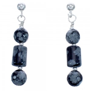 Authentic Sterling Silver Snowflake Obsidian Bead Post Dangle Earrings BX119913