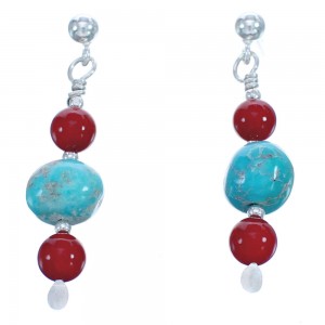 Turquoise And Coral Sterling Silver Southwest Bead Post Dangle Earrings BX120490