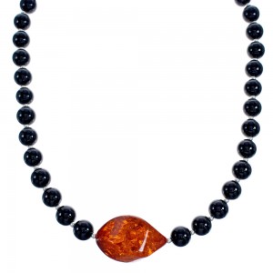 Sterling Silver Onyx and Amber Bead Necklace KX121129