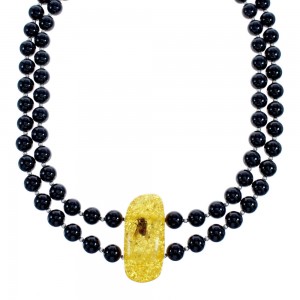 Southwest Onyx and Amber Sterling Silver Bead Necklace KX121132