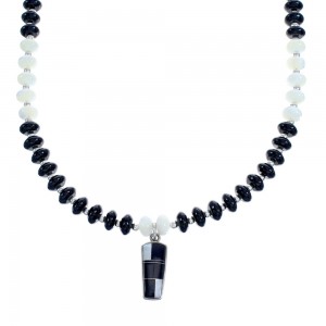 Sterling Silver Onyx and Mother Of Pearl Necklace with Pendant KX121144