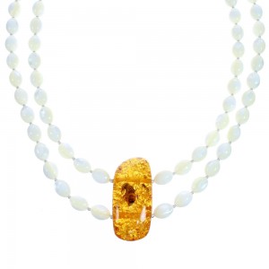 Sterling Silver Mother Of Pearl and Amber Bead Necklace KX121181