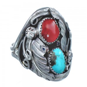 Authentic Sterling Silver Navajo Turquoise Coral Leaf Design Ring Size 9-1/2 AX121439