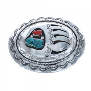 Native American Genuine Sterling Silver Turquoise And Coral  Bear Paw Belt Buckle JX121932